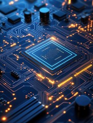 Obraz premium Close-up view of a modern computer chip showcasing intricate circuitry and glowing lights, symbolizing technology and innovation.