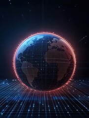 Obraz premium Visual representation of a digital globe with glowing lines and grids, symbolizing connectivity and technology across the planet.