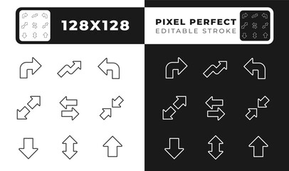 Minimalist arrows linear icons set for dark, light mode. Left and right directions. Downward and upward arrows. Thin line symbols for night, day theme. Isolated illustrations. Editable stroke