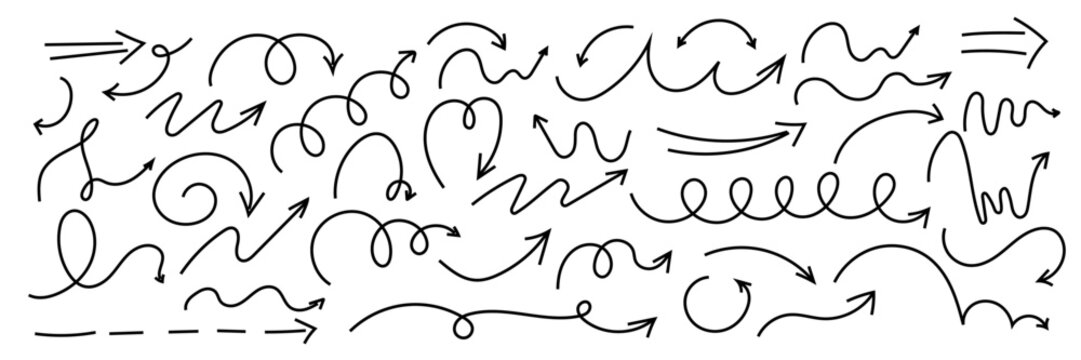 Spiral arrow doodle, wavy twist minimal squiggly line set. Curve comic turn way direction. Playful quirky simple free hand elements. 