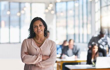 Arms crossed, happy and portrait with business woman in office for leadership at creative startup....