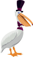 Circus pelican bird character in magician hat on funfair carnival, cartoon vector. Circus tamed animal, funny pelican bird in gentleman cylinder hat, kids circus show and shapito cartoon character