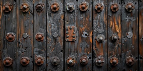 Fototapeta premium Old wooden door with rusty metal accents.