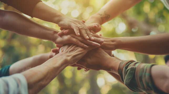 Group of diverse hands stacked together in a show of unity and teamwork, warm and natural outdoor setting, symbolizing cooperation and solidarity