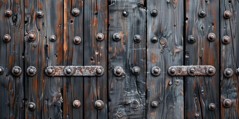 Fototapeta premium Burned wooden door with metal accents.