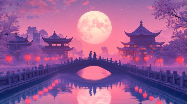 A couple standing on a bridge surrounded by ancient buildings decorated with lanterns at night. Chinese style, festival, valentine holiday poster