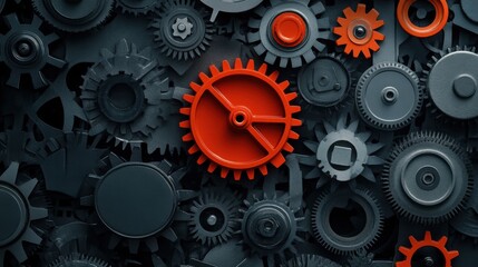 Close-up view of a vibrant red gear functioning within a system of dull gray gears, showcasing contrast and the significance of individuality