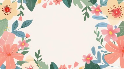 Obraz premium Circular floral frame, empty center, simple modern clean background, flat design illustration