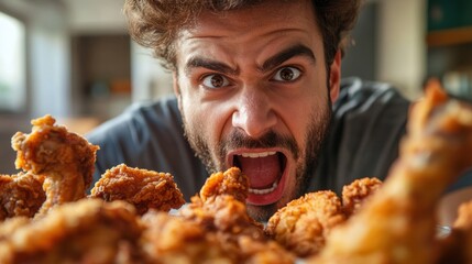 A man is eating a lot of fried chicken and making a face
