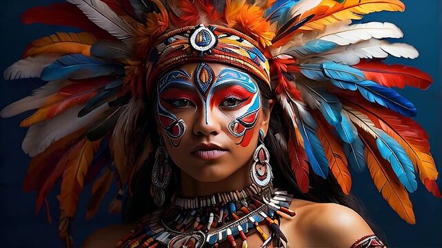 Extreme close-up of a native American woman with decorated headdress. Colorful feathers, strong personality and cultural concept.