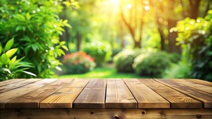 Wooden table on blurred green nature bench background. Empty wooden table and blurred green nature background