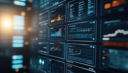 Obraz premium Dynamic data visualization on electronic screens, showcasing various statistics and analytics in a modern digital environment.