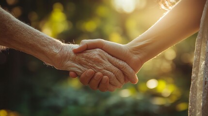 A close-up of two people holding hands outdoors with sunlight filtering through trees, evoking warmth, connection, and support.
