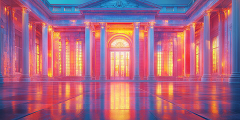 Obraz premium Blue neon glowing outline of a bank building on a dark abstract background, concept of finance and technology