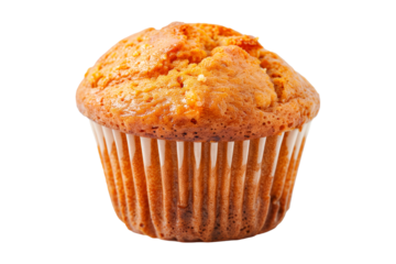 A freshly baked and fluffy carrot muffin or cupcake isolated on white transparent background, beautifully topped with delightful sweet flakes
