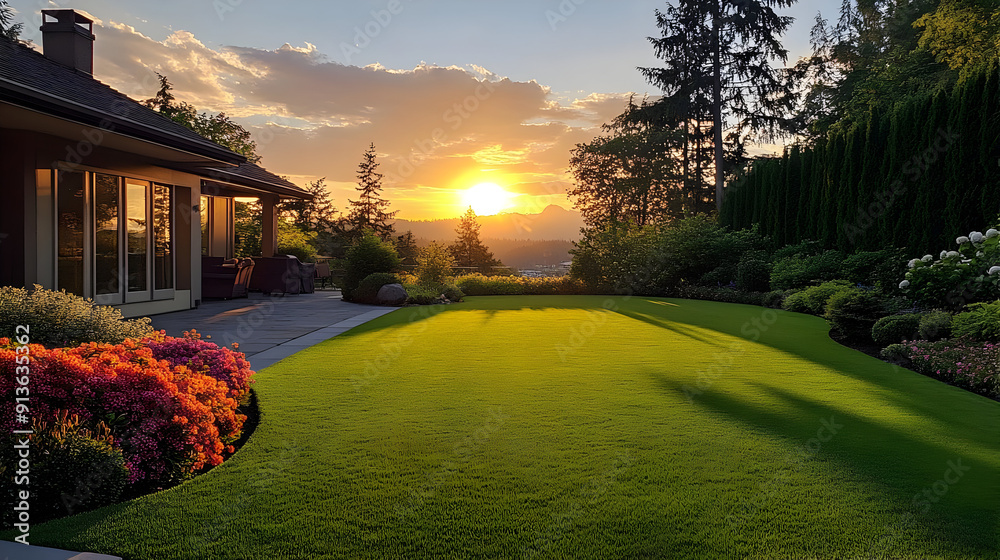 Canvas Prints Sunset View from Backyard with Green Grass