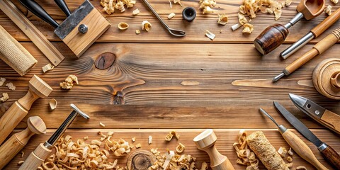 Joinery workshop tabletop with various tools and wood shavings , Joinery, workshop, tools, wood, shavings, carpentry, workbench
