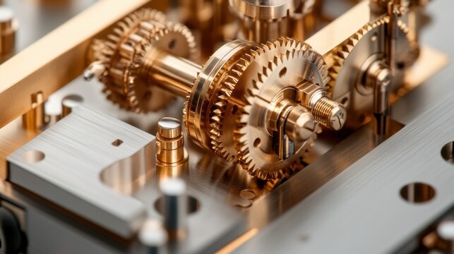 Close-up photo of Charles Babbage is mathematical engine showcasing its intricate brass gears and levers, with detailed engravings on the components and a polished, historical finish