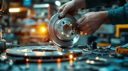 Naklejka premium High-resolution image of a mechanic meticulously restoring brake components, showing the precise alignment of the brake disc and caliper assembly under bright workshop lighting, with various tools