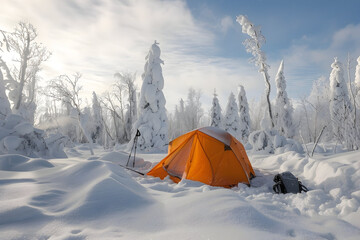 A bright orange tent nestled amongst snow-covered trees in a winter wonderland.