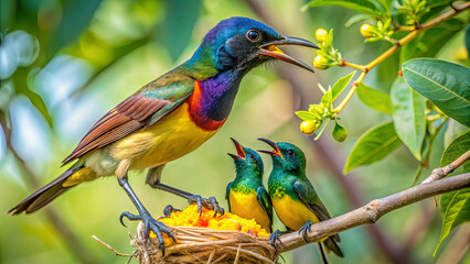 Obraz premium A vibrant tropical bird is feeding its hungry chicks in a nest among lush foliage, showcasing nature's beauty during a sunny day