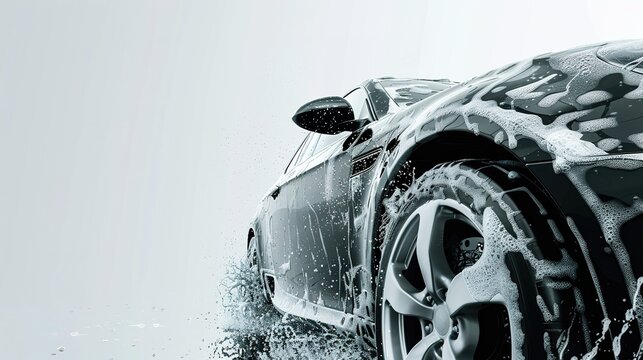 modern stylish car in foam on a car wash on dark background with copy space. car care banner with place for text minimalism. no people. self-service car wash