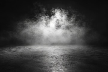 Abstract image of dark room concrete floor. Black room or stage background for product placement.Panoramic view of the abstract fog. White cloudiness, with generative ai