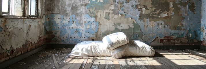 Pillows and Mattress in a Dilapidated Asylum