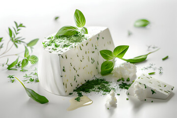 Close-up of a creamy white cheese wheel with fresh green herbs and a drizzle of oil. - Powered by Adobe