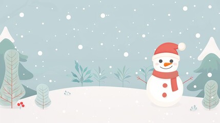 Fototapeta premium Snowman in winter, simple modern clean background, flat design illustration