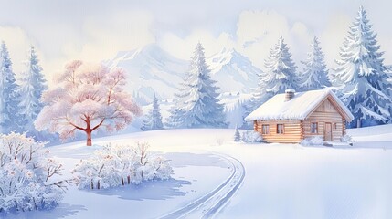 Snowy cabin, modern clean backdrop, watercolor style