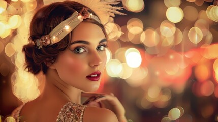 Fototapeta premium A graceful woman showcases vintage glamour, illuminated by soft lights at a nighttime gathering