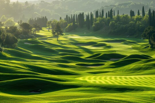 A golf course with perfectly manicured greens