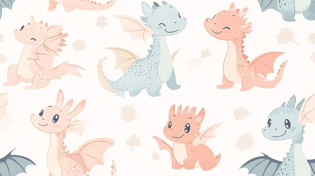 A seamless pattern featuring baby dragons in cute and playful designs. The adorable dragons are illustrated with soft, pastel colors and round shapes, creating a charming and whimsical atmosphere.