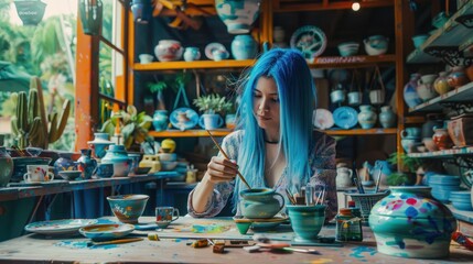 Fototapeta premium The woman painting ceramics