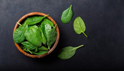  green spinach in a bowl on a black background, top view