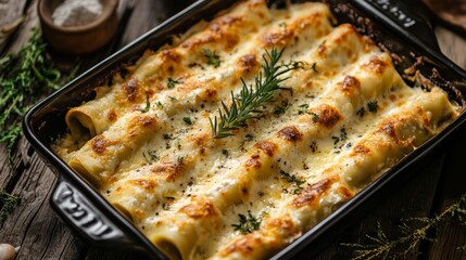 italian herb ricotta cannelloni in a baking dish, food photography, 16:9