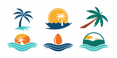 Stunning Beach-Themed Logos Collection Palm Trees, Suns, Waves & Sunset Imagery on White Background