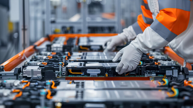 Technicians in safety gear are working on an automated assembly line, handling advanced battery components with precision and care in an industrial setting
