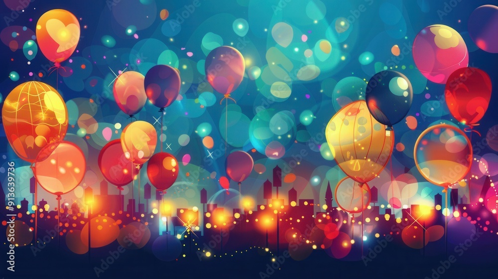 Poster balloons brighten the night sky, adding color to the lively atmosphere of the city festival with twi