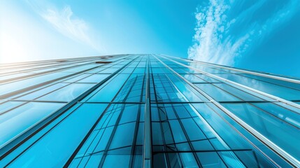 Closeup blue sky with clouds and a reflection of a building in the glass windows