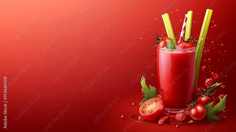 Wall mural Fresh Tomato Juice with Celery and Splashing Tomatoes on Red Background.