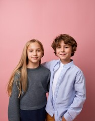 Retrato fotográfico de dos niños pequeños abrazándose en un estudio con un fondo rosa sonriendo