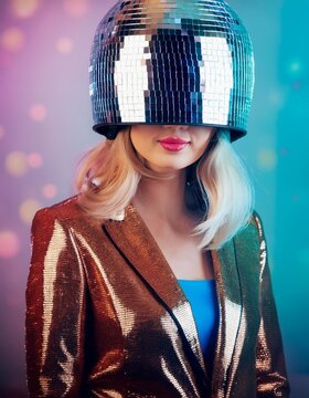 Mujer futurista y retro con casco de bola de discoteca y traje plateado brillante en un fondo azul y rosa con reflejos de fiesta, retrofuturista