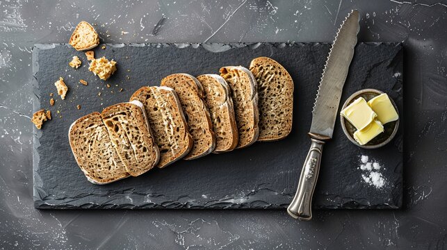 Top view of sliced rye bread on a slate board, with a small dish of butter and a spreading knife