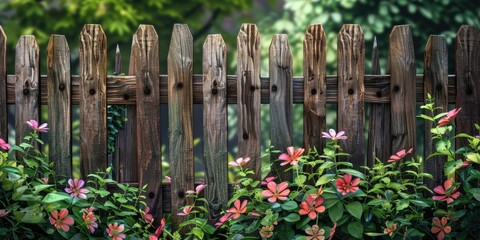Pink flowers blooming by wooden fence.