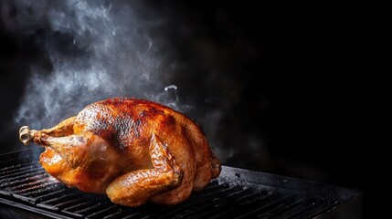 Large whole chicken on the grill with smoke rising from underneath showcasing the grilling process, cooked poultry, barbecue scene, food preparation