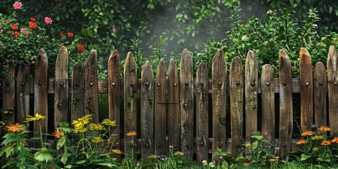 Obraz premium A weathered wooden fence surrounded by lush greenery.