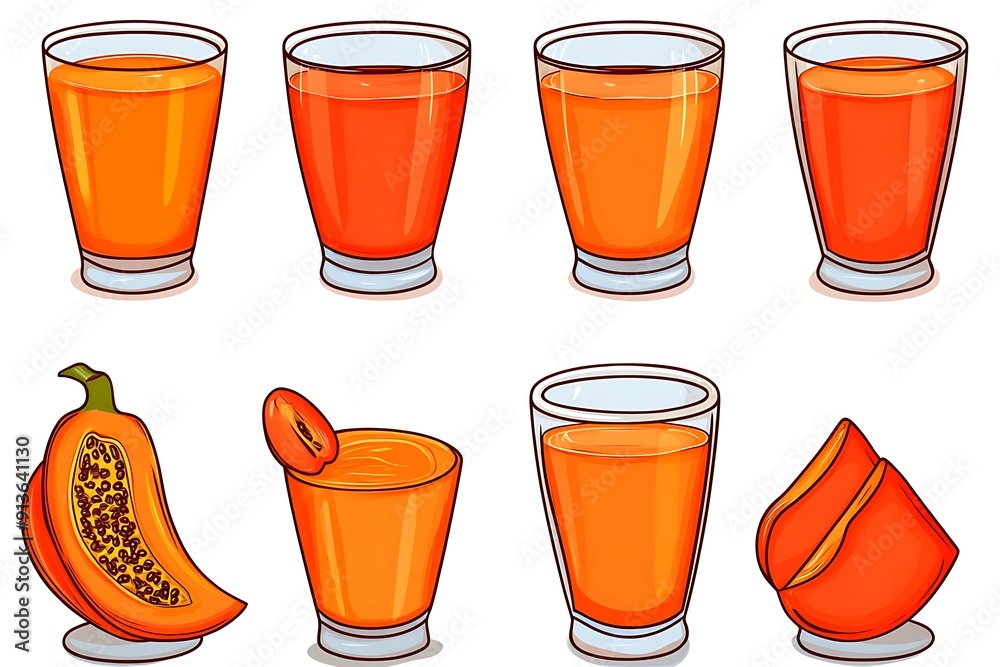 Canvas Prints Cartoon Papaya Juice in Glasses,  Papaya Fruit  - Set for Food and Drink Designs.