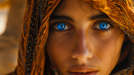 Close-up of the face of an African boy with bright blue eyes and traditional clothes on a sunny day. A Kabyle boy looks at the camera in a village. Lifestyle.